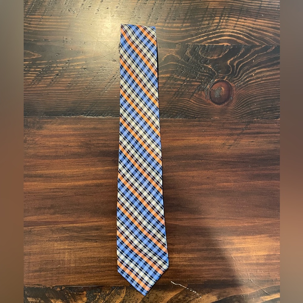Men’s chaps orange blue and green classic length tie. Plaid Pattern. Gently used